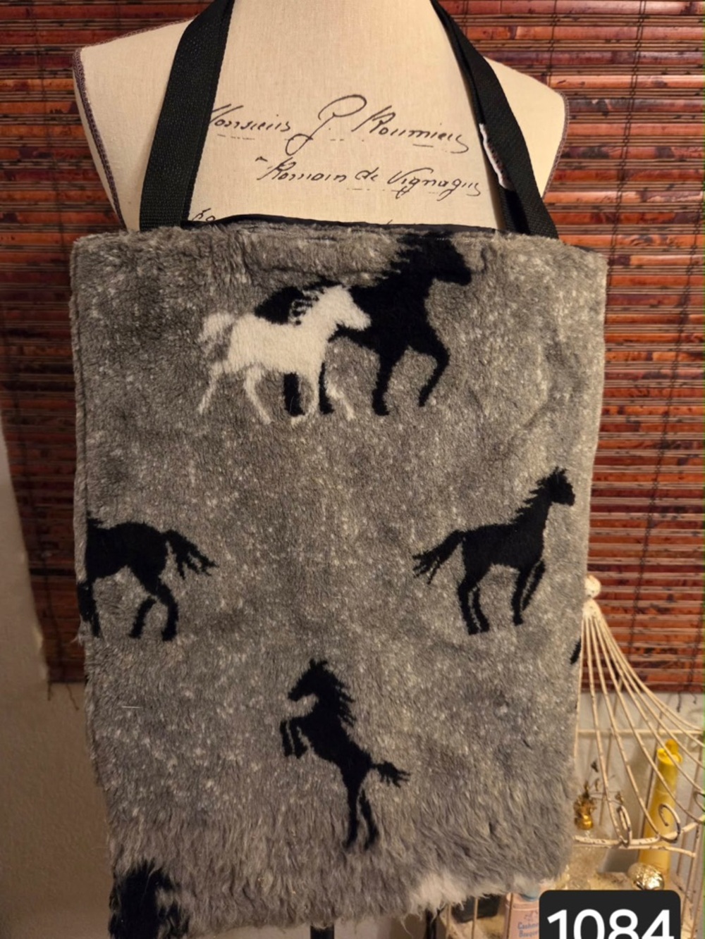 Grey Faux Fur Tote with Horse Motif - Unbranded